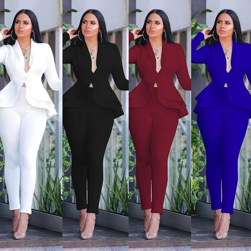 Blazers with wrap fronts feel fresh -New Women Winter Women's Set Tracksuit Full Sleeve Ruffles Blazers Pencil Pants Suit Two Piece Set Office Lady Outfits Uniform