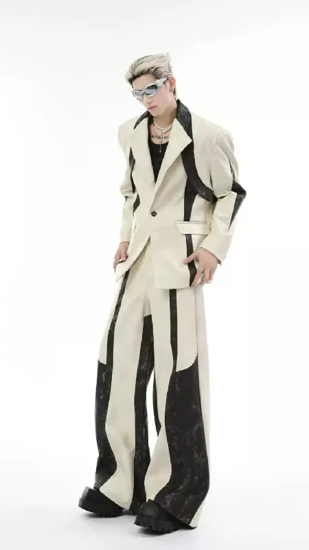 Colorful blazers for summer events brighten wardrobes -Contrast PU Leather Spliced Blazer & Pants Set