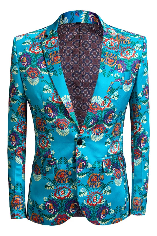 Blazers featuring lightweight knits are comfy -Blue Embroidery One Button Men's Blazer