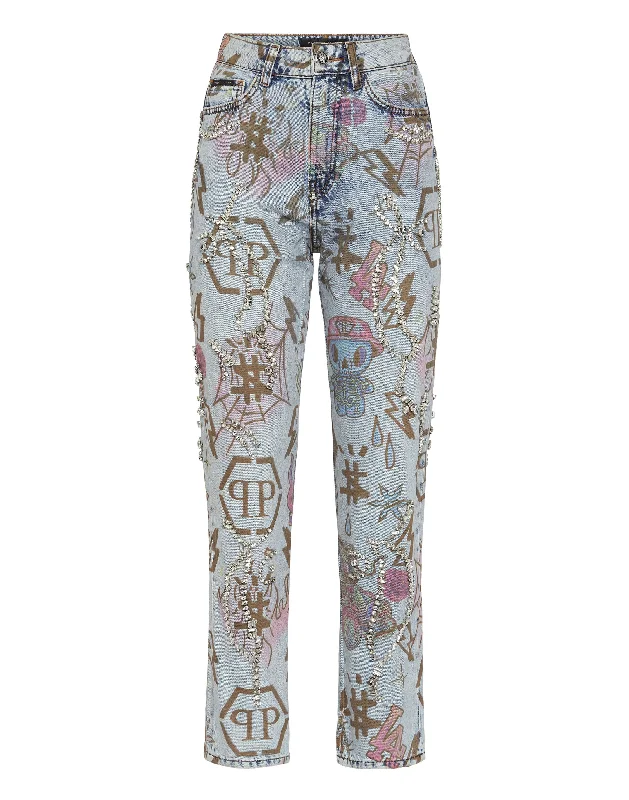 Classic tight trousers for women with smooth fabric and chic, timeless design -Boyfriend St Tattoo Monogram with Crystals