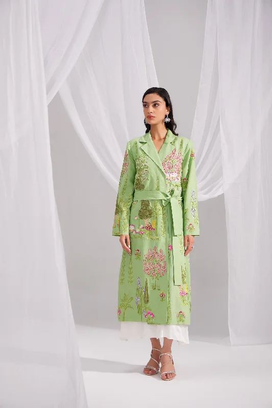 Green Linen Enchanted Garden Long Jacket