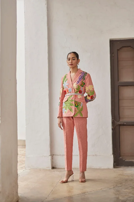 Peach Peony Embroidered Jacket And Narrow Pants Set