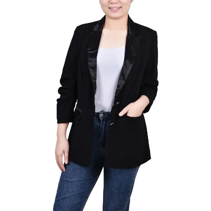 Blazers featuring textured weaves add interest -NY Collection Womens Petites Satin Trim Trendy Two-Button Blazer