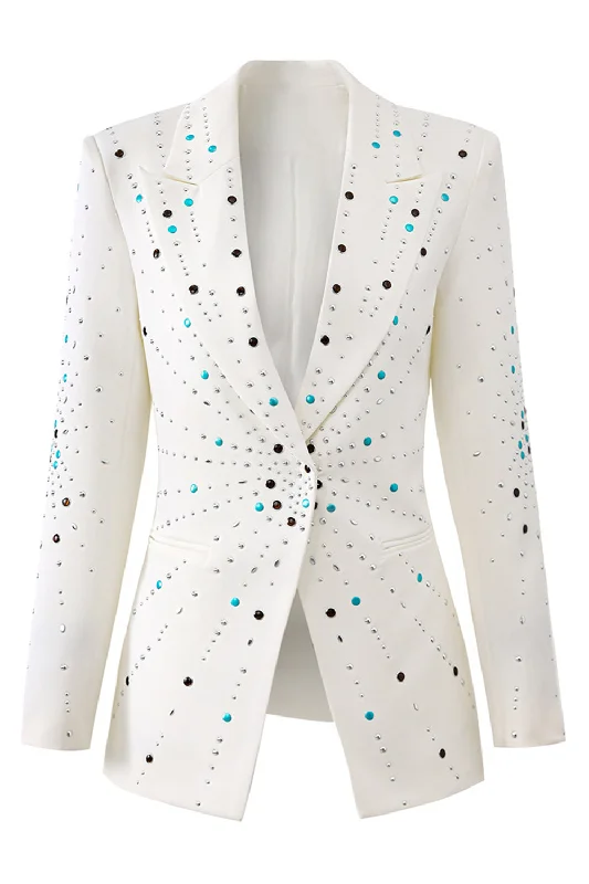 Blazers with high collars feel bold -Sparkly White Peak Lapel Blazer with Beadings