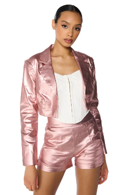 Minimalist blazers for simple elegance work well -ROMY METALLIC CROP BLAZER