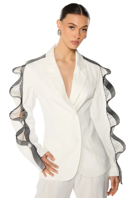 Cotton blazers for everyday wear stay comfy -WAVY RIBBON PEEKABOO ARM BLAZER IN WHITE