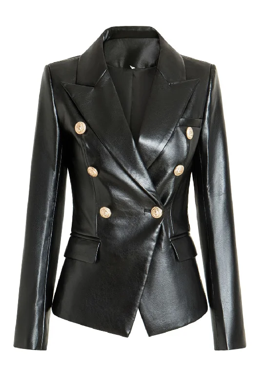 Blazers in earthy tones feel grounding -Black Peak Lapel PU Leather Women Blazer