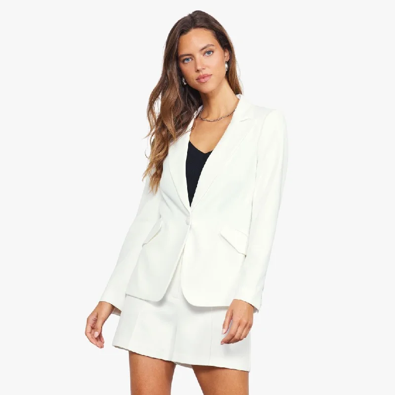 Wool blazers for winter keep you warm -Slanted Pocket Long Sleeve Blazer (White)