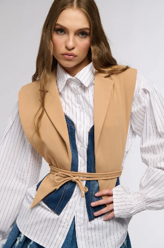 Blazers featuring textured weaves add interest -WORKING WOMAN SIDE TIE BLAZER VEST IN TAN