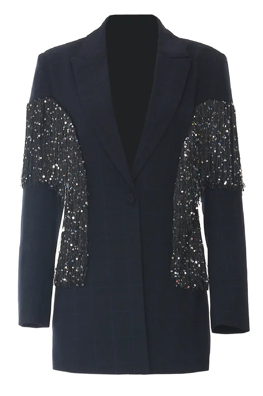 Blazers for evening parties sparkle subtly -Sparkly Navy Peak Lapel Women Blazer with Fringes