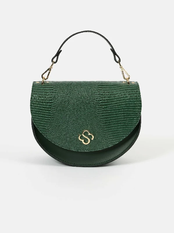 Handle bags with wide openings for access -The Kate - Green Lizard Print Calf Grain with Racing Green