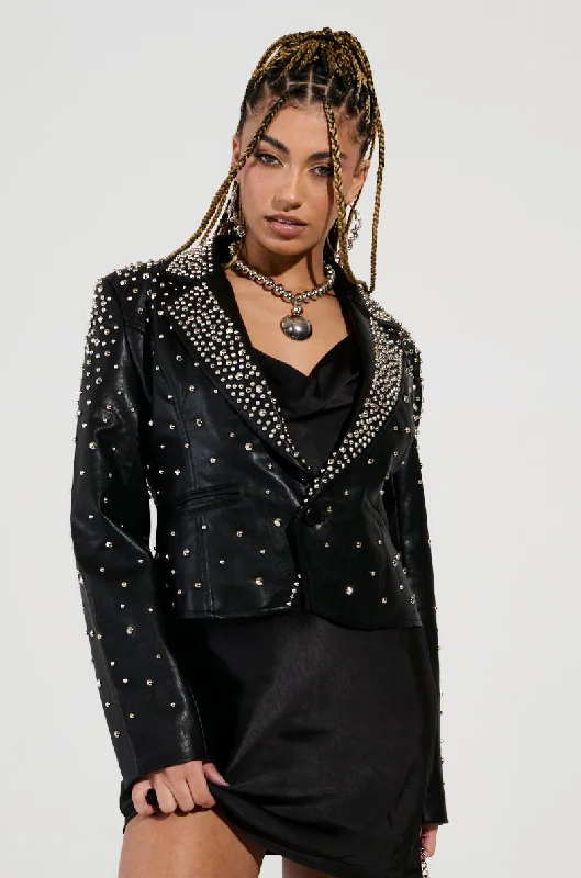 Blazers with cropped lengths feel modern now -VIVA VEGAS STUDDED FAUX LEATHER BLAZER