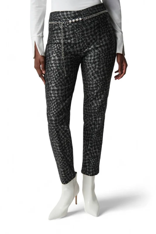 Black leather tight trousers for women with sleek, glossy finish for night out -Houndstooth Millennium Pull-On Pants With Pearl Belt In Black/multi