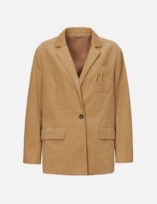 Blazers with wide lapels make big impacts -Seagull Embroidered Corduroy Oversize Blazer