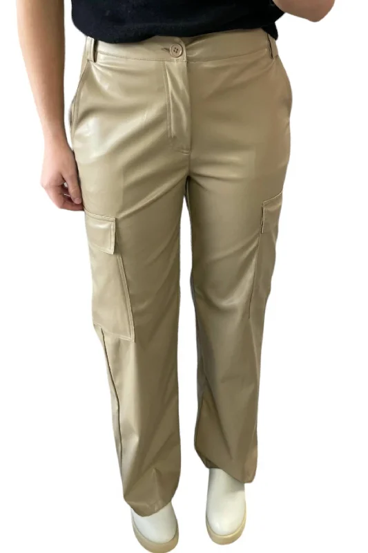 Tight trousers for women with belt loops and classic design for versatile look -Leather Cargo Pants In Taupe