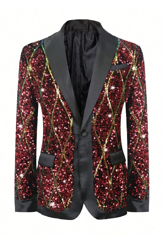 Blazers with peaked lapels feel grand -Sparkly Red Sequins Shawl Lapel Men's Party Blazer