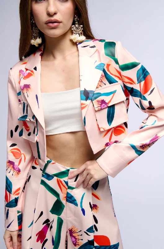 Oversized blazers for relaxed vibes are trendy -CANDY RAIN SATIN CROP UTILITY BLAZER