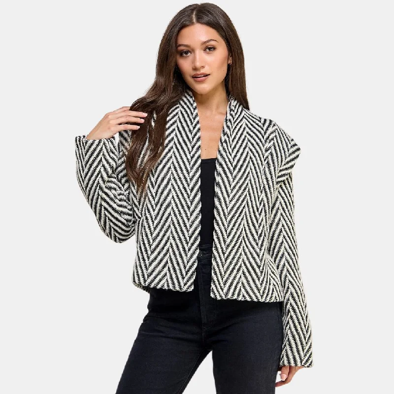 Trendy blazers with bold patterns make statements easily -Herringbone Stand Collar Woven Blazer (Black + White)