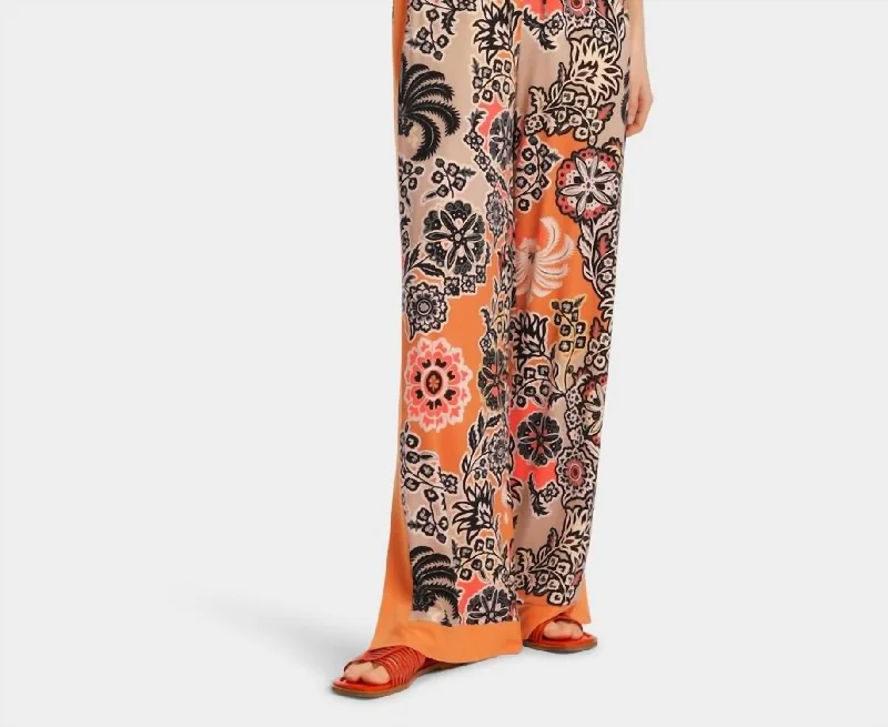 Tight office trousers for women with professional cut and flattering fit -Wedi Print Palazzo Pants Ourika Gardens Theme In Bright Ochre Color 447