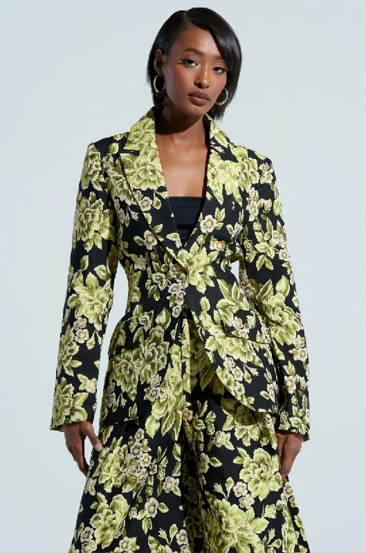 Minimalist blazers for simple elegance work well -BUY MYSELF FLOWERS BROCADE BLAZER