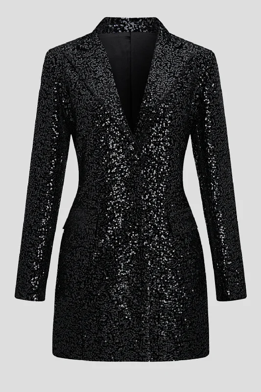 Linen blazers for summer outings breathe easily -Sparkly Sequins Black Long Sleeves Blazer