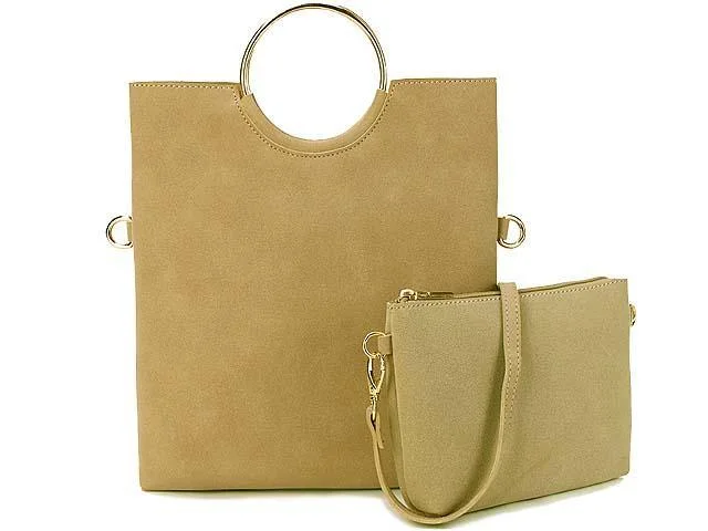 Handle bags with contrast stitching for detail -2 PIECE FAUX SUEDE HOLDALL HANDBAG / FOLD-OVER CLUTCH BAG WITH CROSS-BODY BAG - BEIGE