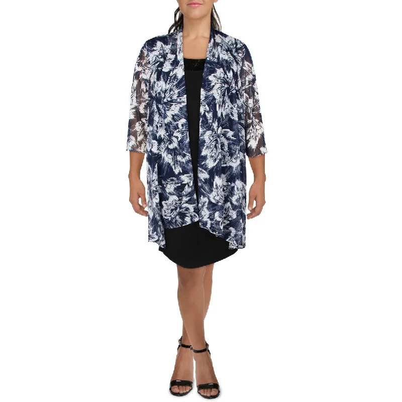 Blazers with patch pockets add charm -R&M Richards Womens Plus Mesh Printed Duster Blazer