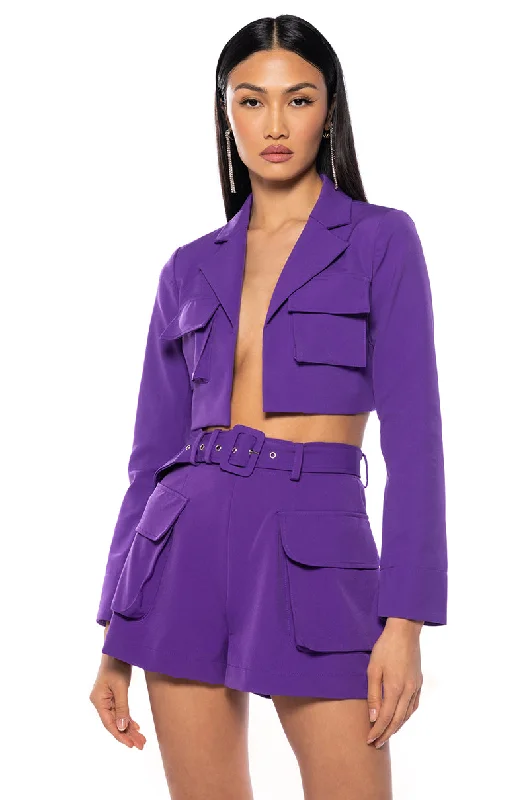 Blazers with wrap fronts feel fresh -BETTER LUCK CROP BLAZER IN PURPLE