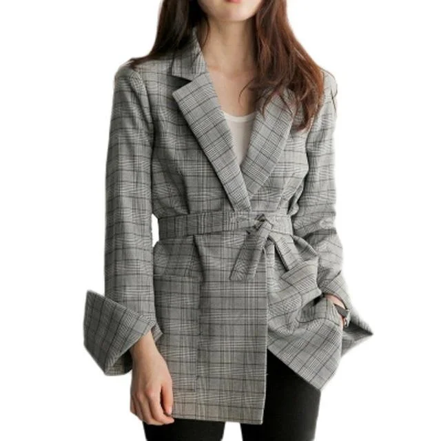 Linen blazers for summer outings breathe easily -Elegant Gray Plaid Split Sleeve Blazer with Bow Sashes for Women