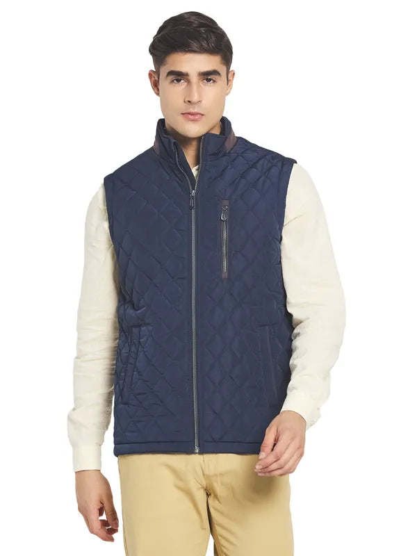 Mettle Men Navy Blue Solid Quilted Jacket