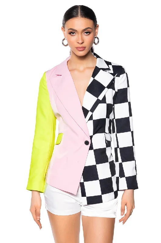 Blazers in earthy tones feel grounding -MET READY COLOR BLOCK BLAZER WITH CHECKERS