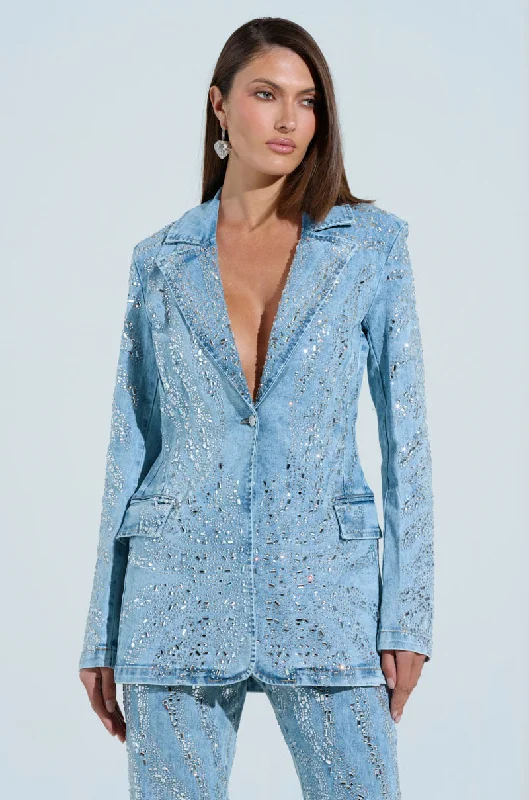 Oversized blazers for relaxed vibes are trendy -DIAMONDS DANCING DENIM BLAZER