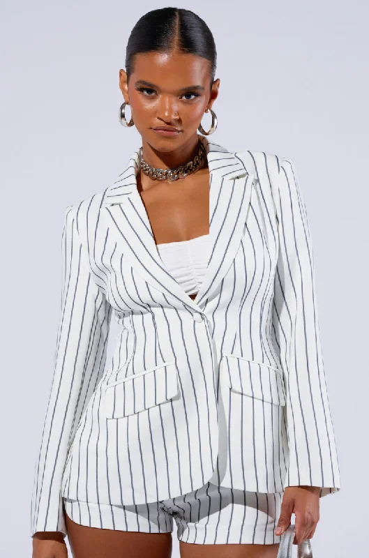 Blazers with asymmetrical cuts turn heads -GRETA PINSTRIPE BLAZER