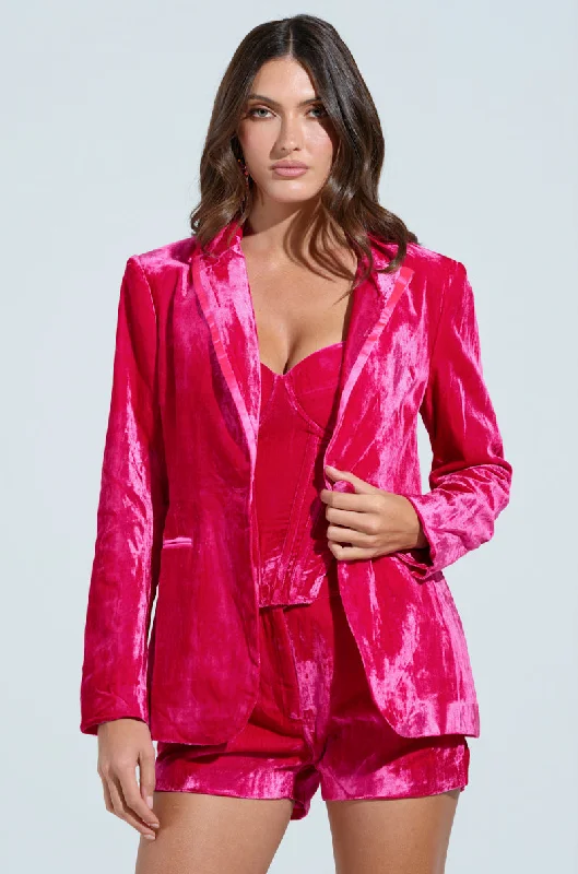 Blazers featuring plaid designs bring classic charm -PRETTY IN PINK VELVET BLAZER