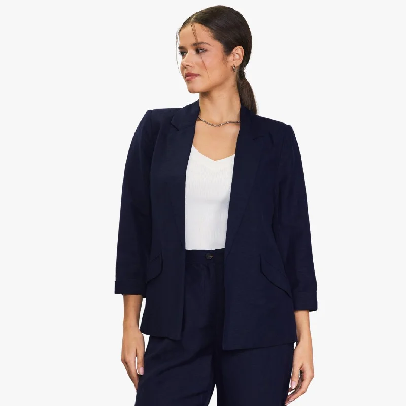 Blazers featuring pinstripes suit professional settings -Linen Blend Three Quarter Sleeve Blazer (Navy)