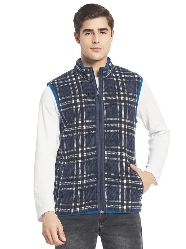 Octave Men Navy Blue  White Checked Fleece Tailored Jacket