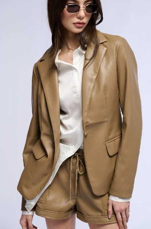 Blazers with structured shoulders exude confidence -GIRL BOSS SOFT FAUX LEATHER BLAZER IN BROWN