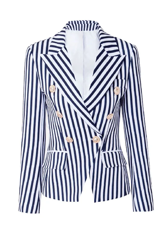 Blazers featuring knit fabrics feel cozy -White Blue Striped Women's Blazer