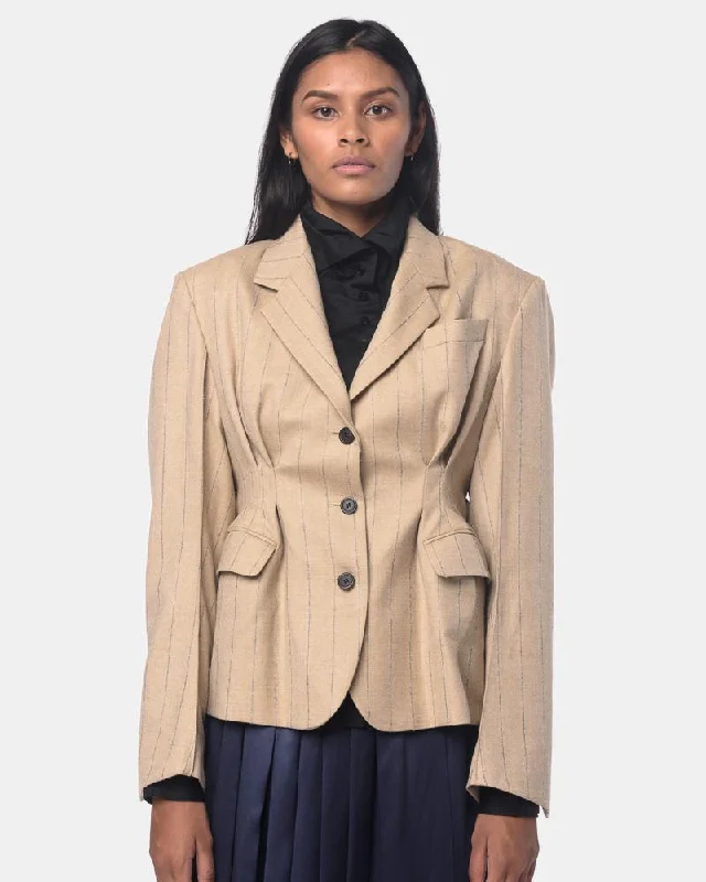 Blazers featuring pinstripes suit professional settings -Joyce Blazer in Beige