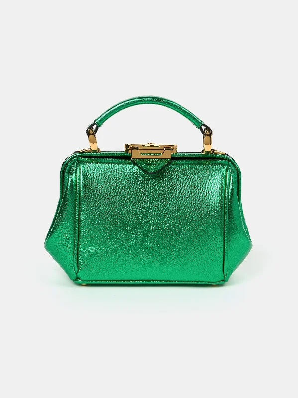 Handle bags with woven fabric for texture -The Mini Sophie - Wicked Green Metallic Calf Grain