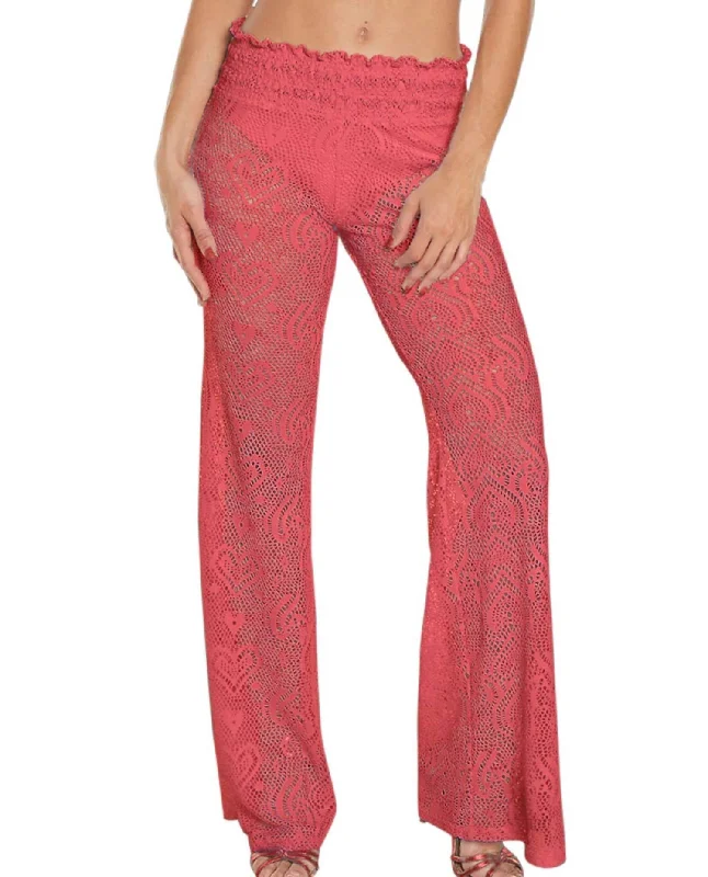 Boho-inspired tight trousers for women with earthy tones and relaxed fit -Heart Crochet Smocked Beach Pants In Coral