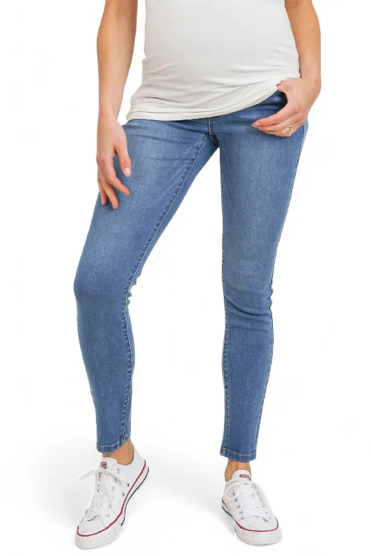 Boho-inspired tight trousers for women with earthy tones and relaxed fit -Stretch Maternity Skinny Jeans With Elastic Belly Band In Light Denim