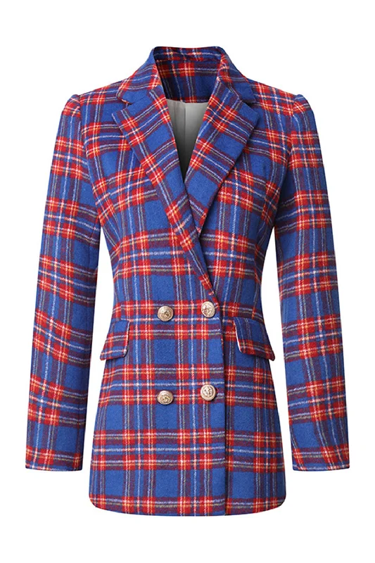 Blazers with classic fits never go out -Red Blue Plaid Double Breasted Women Blazer