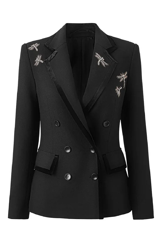 Blazers featuring brushed finishes are soft -Sparkly Black Notched Lapel Rhinestones Women Party Blazer