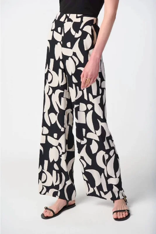 Bold color tight trousers for women with bright hues and daring style choices -Abstract Print Wide-Leg Pants In Black/moonstone