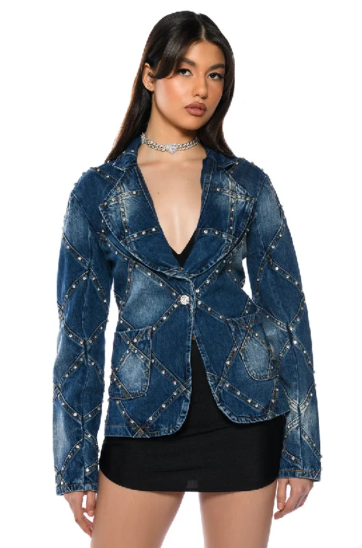 Blazers featuring twill fabrics are durable -MEENA EMBELLISHED DENIM BLAZER