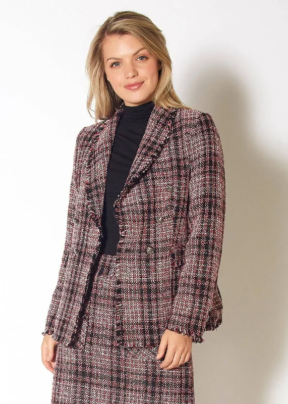 Blazers in olive green suit fall -Fringe Hem Plaid Tweed Blazer in Red Black Tweed