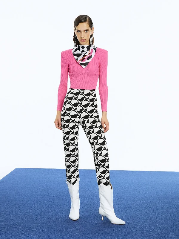 Tight trousers for women with faux leather material for sleek and modern look -Printed High-Waisted Pants