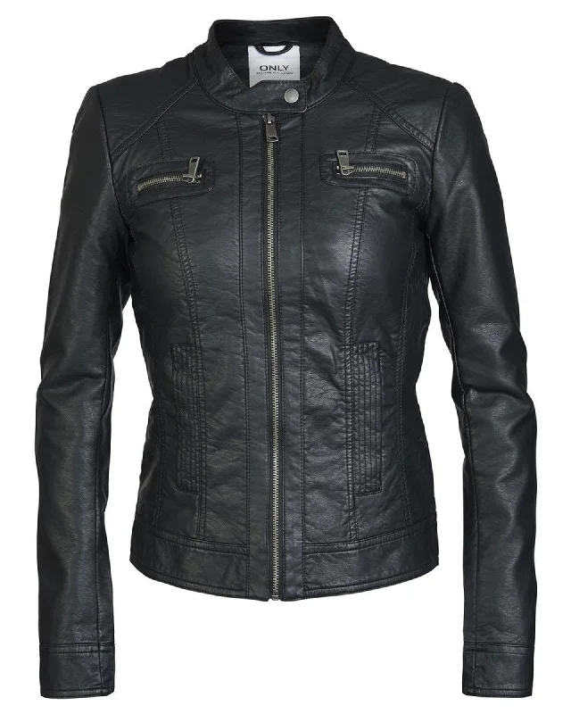 Faux Leather Jacket with Zip and Side Pockets