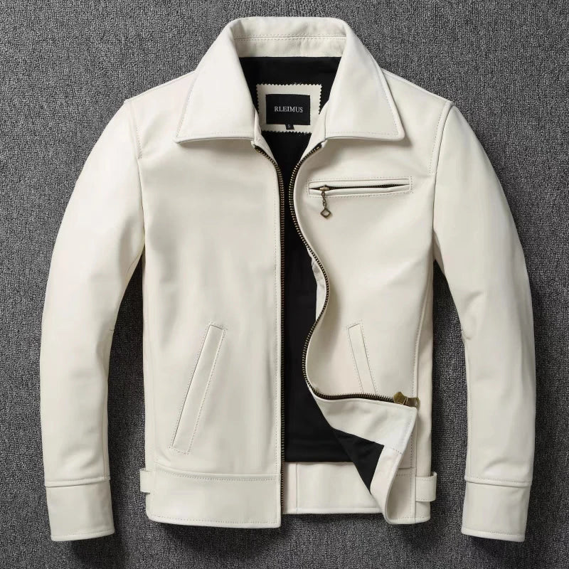 Men's White Genuine Calfskin Leather Slim Fit Casual Moto Biker Jacket